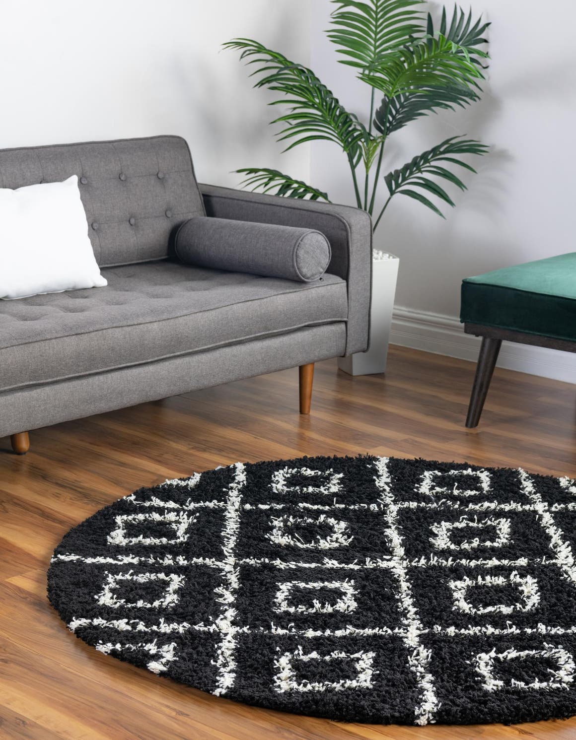 Black and White 3' 3 x 3' 3 Trellis Shag Round Area Rug Thick Soft Touch Fluffy & Plush Shaggy Pile Geometric Modern Unique Carpet for Home Interior Design for Sale at Rug Engine