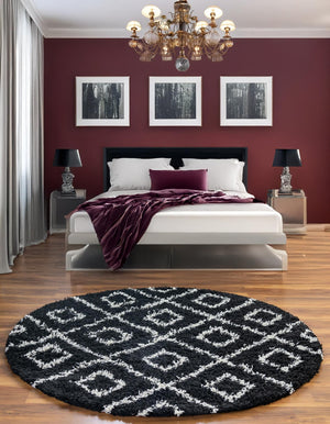 Black and White 5' 3 x 5' 3 Trellis Shag Round Area Rug Thick Soft Touch Fluffy & Plush Shaggy Pile
