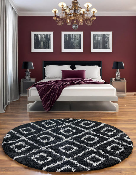 Black and White 5' 3 x 5' 3 Trellis Shag Round Area Rug Thick Soft Touch Fluffy & Plush Shaggy Pile