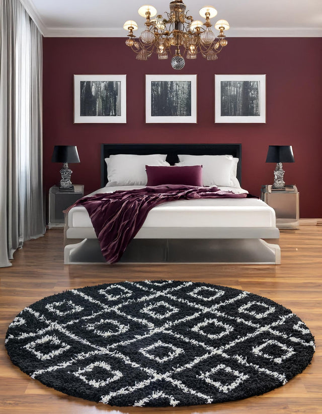 Black and White 5' 3 x 5' 3 Trellis Shag Round Area Rug Thick Soft Touch Fluffy & Plush Shaggy Pile