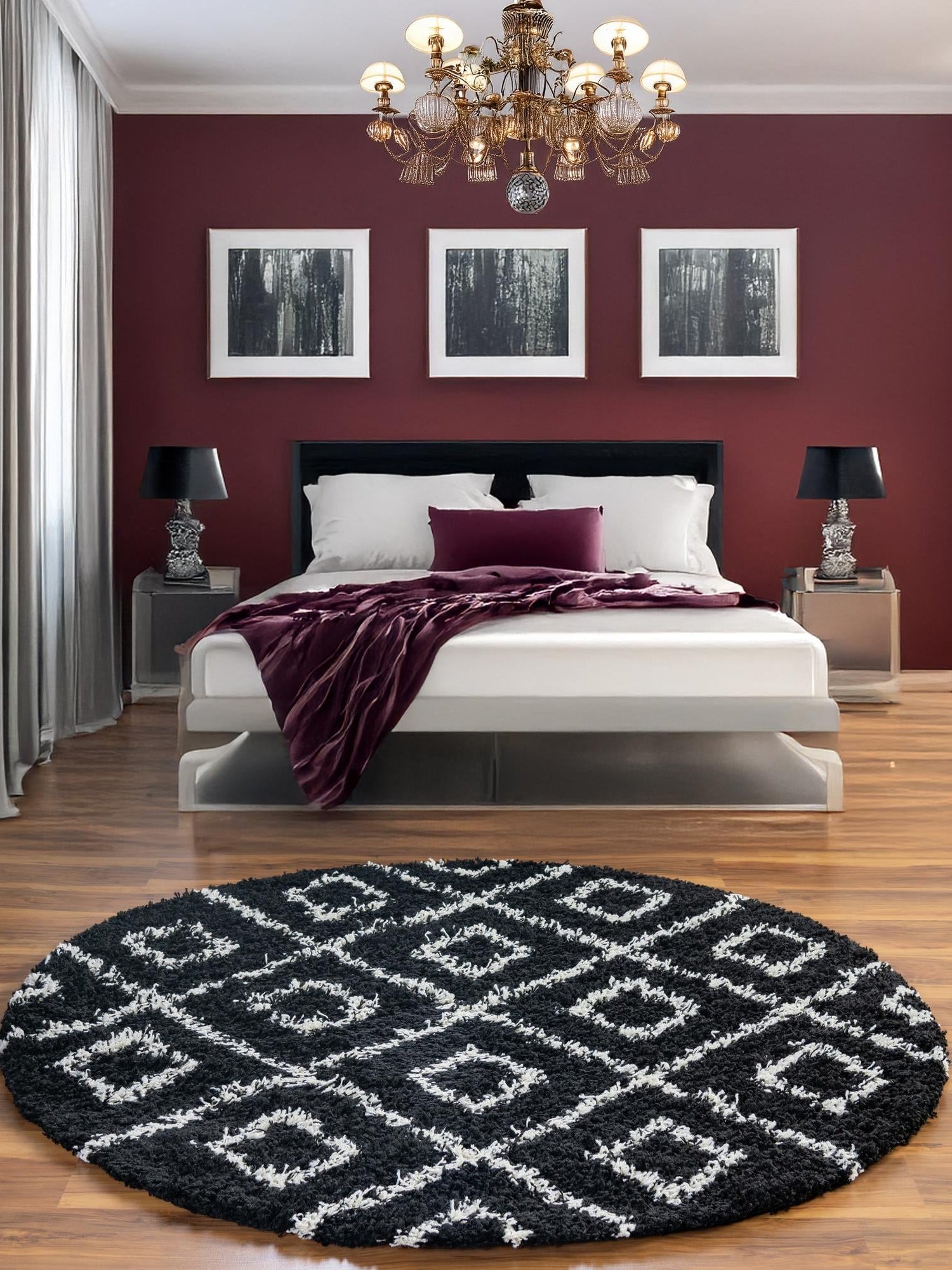 Black and White 3' 3 x 3' 3 Trellis Shag Round Area Rug Thick Soft Touch Fluffy & Plush Shaggy Pile Geometric Modern Unique Carpet for Home Interior Design for Sale at Rug Engine
