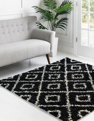 Black and White 10' x 10' Trellis Shag Square Area Rug Thick Soft Touch Fluffy & Plush Shaggy Pile