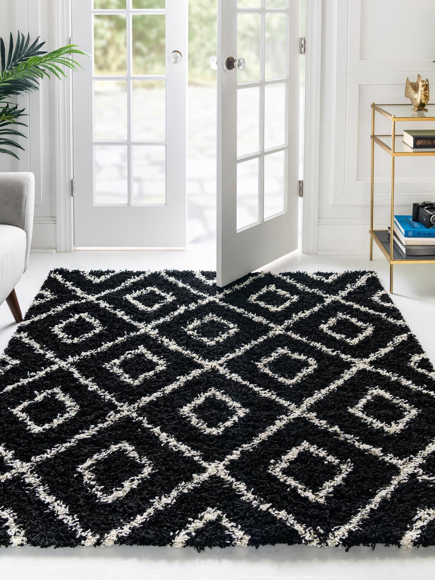 Black and White 10' x 10' Trellis Shag Square Area Rug Thick Soft Touch Fluffy & Plush Shaggy Pile Geometric Modern Unique Carpet for Home Interior Design for Sale at Rug Engine