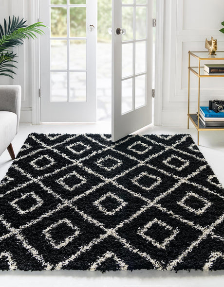 Black and White 10' x 10' Trellis Shag Square Area Rug Thick Soft Touch Fluffy & Plush Shaggy Pile