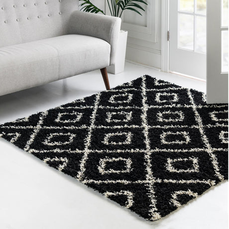 Black and White 6' x 6' Trellis Shag Square Area Rug Thick Soft Touch Fluffy & Plush Shaggy Pile Geometric Modern Unique Carpet for Home Interior Design for Sale at Rug Engine