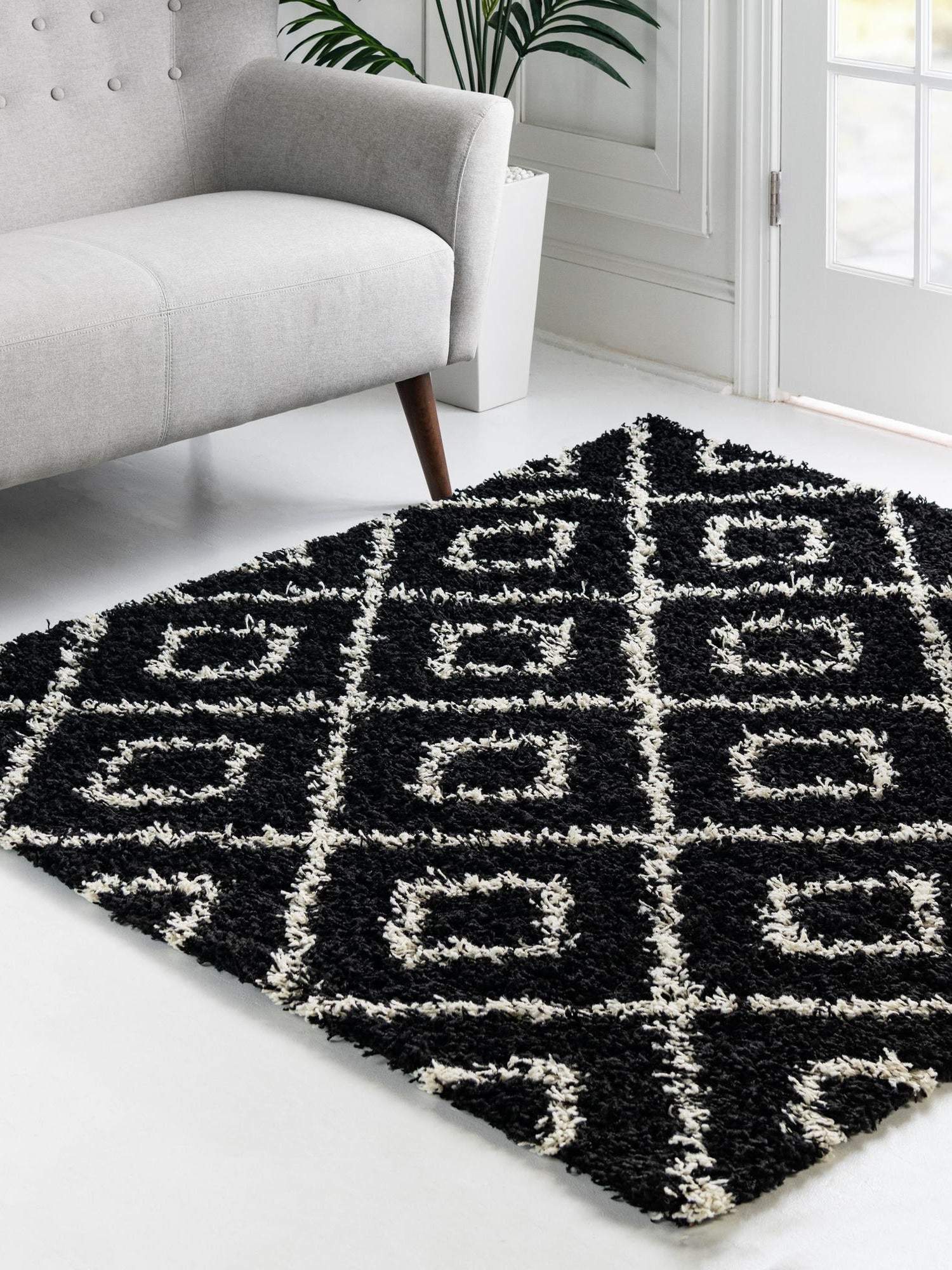 Black and White 4' x 4' Trellis Shag Square Area Rug Thick Soft Touch Fluffy & Plush Shaggy Pile Geometric Modern Unique Carpet for Home Interior Design for Sale at Rug Engine