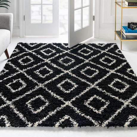 Black and White 3' 3 x 3' 3 Trellis Shag Square Area Rug Thick Soft Touch Fluffy & Plush Shaggy Pile Geometric Modern Unique Carpet for Home Interior Design for Sale at Rug Engine