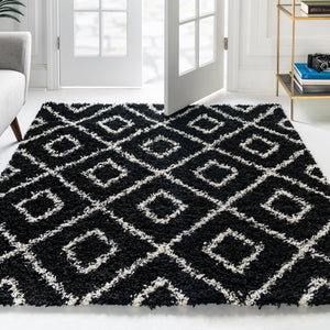 Black and White 6' x 6' Trellis Shag Square Area Rug Thick Soft Touch Fluffy & Plush Shaggy Pile