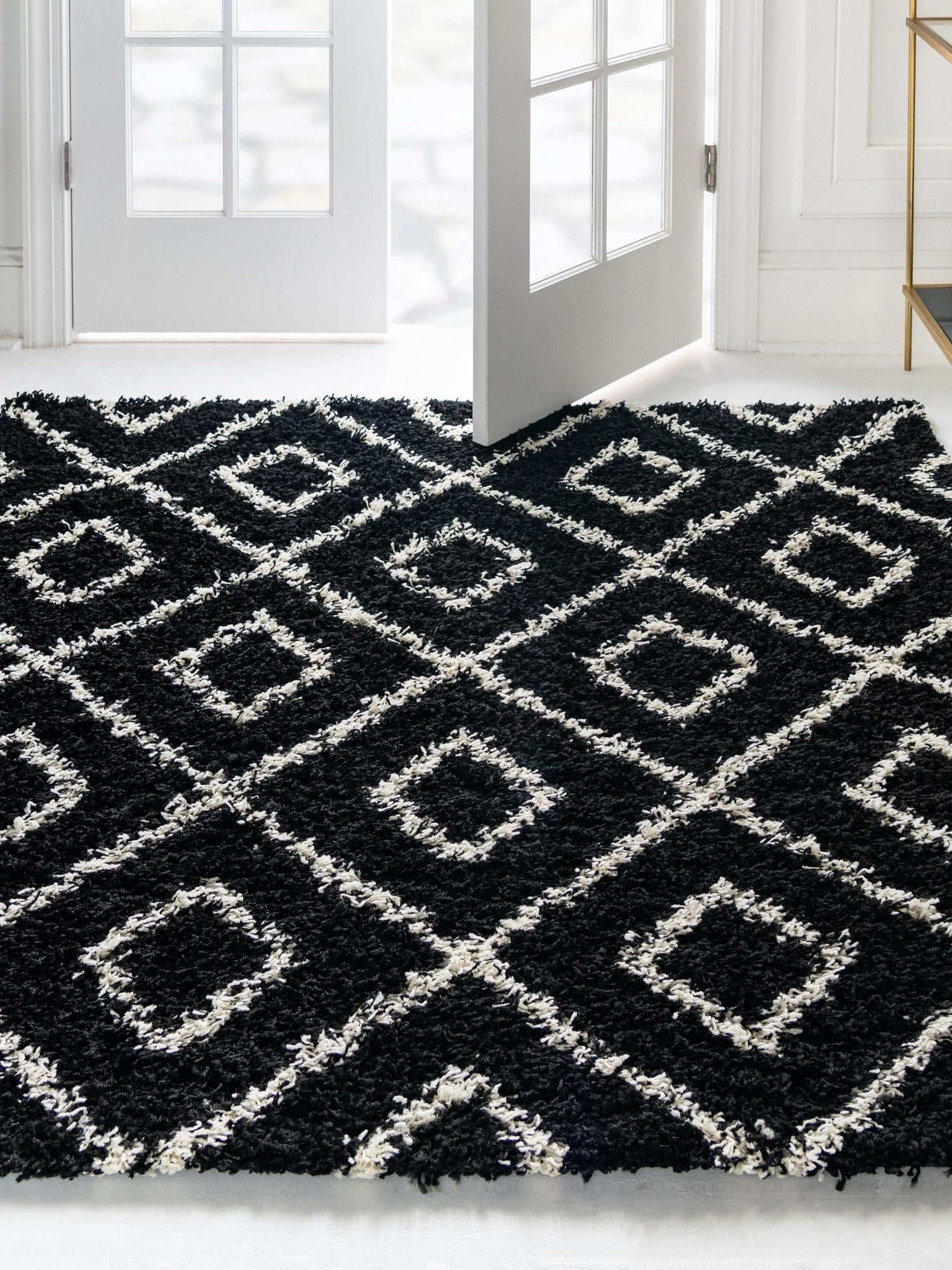 Black and White 4' x 4' Trellis Shag Square Area Rug Thick Soft Touch Fluffy & Plush Shaggy Pile Geometric Modern Unique Carpet for Home Interior Design for Sale at Rug Engine