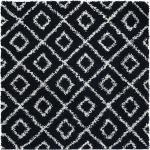 Black and White 6' x 6' Trellis Shag Square Area Rug Thick Soft Touch Fluffy & Plush Shaggy Pile