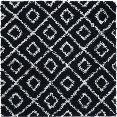 Black and White 6' x 6' Trellis Shag Square Area Rug Thick Soft Touch Fluffy & Plush Shaggy Pile Geometric Modern Unique Carpet for Home Interior Design for Sale at Rug Engine