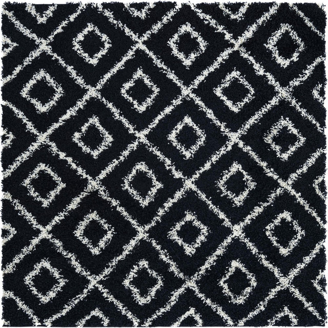 Black and White 6' x 6' Trellis Shag Square Area Rug Thick Soft Touch Fluffy & Plush Shaggy Pile
