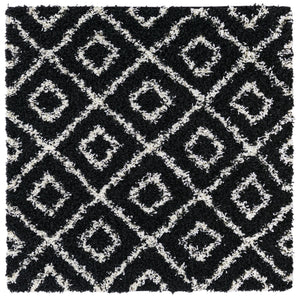 Black and White 4' x 4' Trellis Shag Square Area Rug Thick Soft Touch Fluffy & Plush Shaggy Pile