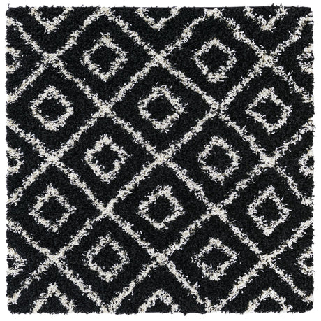 Black and White 4' x 4' Trellis Shag Square Area Rug Thick Soft Touch Fluffy & Plush Shaggy Pile Geometric Modern Unique Carpet for Home Interior Design for Sale at Rug Engine