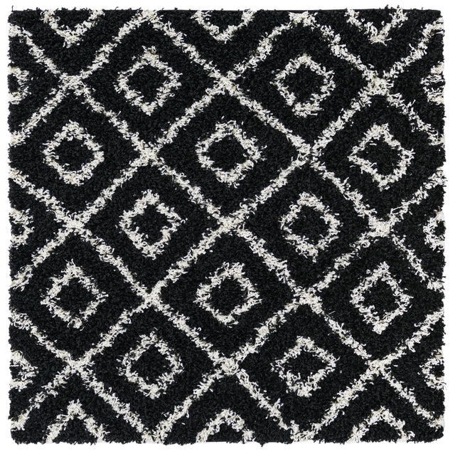 Black and White 4' x 4' Trellis Shag Square Area Rug Thick Soft Touch Fluffy & Plush Shaggy Pile