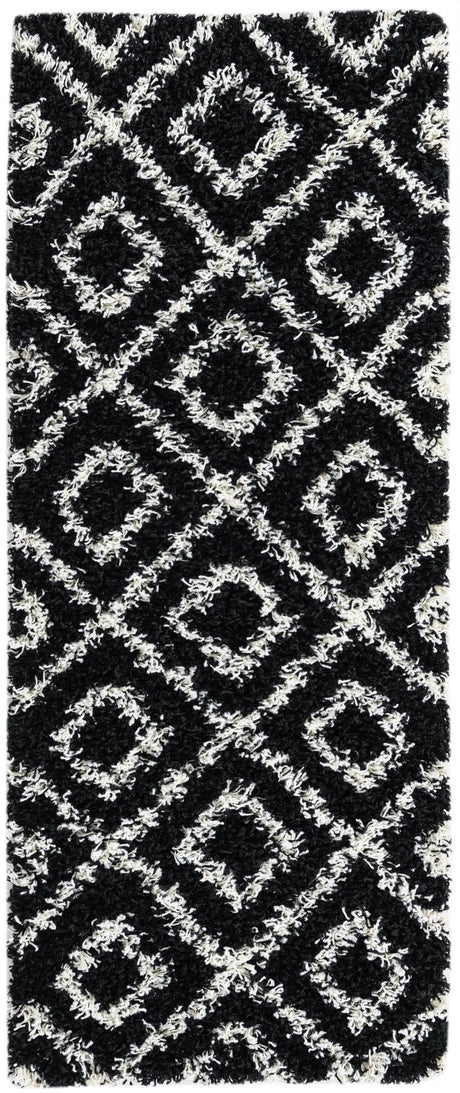 Black and White 2' x 5' Trellis Shag Runner Area Rug Thick Soft Touch Fluffy & Plush Shaggy Pile