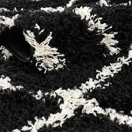 Black and White 2' x 6' Trellis Shag Runner Area Rug Thick Soft Touch Fluffy & Plush Shaggy Pile Geometric Modern Unique Carpet for Home Interior Design for Sale at Rug Engine