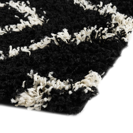 Black and White 2' x 6' Trellis Shag Runner Area Rug Thick Soft Touch Fluffy & Plush Shaggy Pile Geometric Modern Unique Carpet for Home Interior Design for Sale at Rug Engine