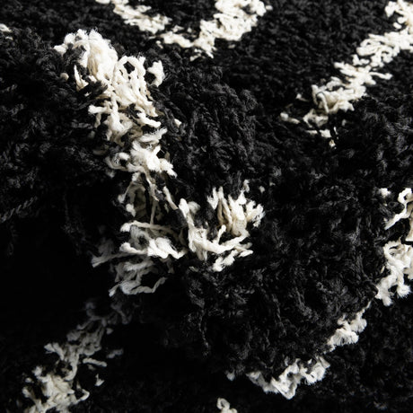 Black and White 2' x 6' Trellis Shag Runner Area Rug Thick Soft Touch Fluffy & Plush Shaggy Pile Geometric Modern Unique Carpet for Home Interior Design for Sale at Rug Engine