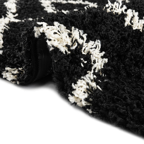 Black and White 2' x 6' Trellis Shag Runner Area Rug Thick Soft Touch Fluffy & Plush Shaggy Pile Geometric Modern Unique Carpet for Home Interior Design for Sale at Rug Engine