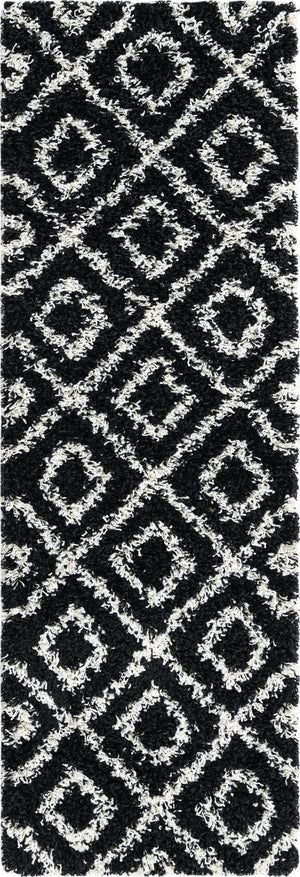Black and White 2' x 6' Trellis Shag Runner Area Rug Thick Soft Touch Fluffy & Plush Shaggy Pile