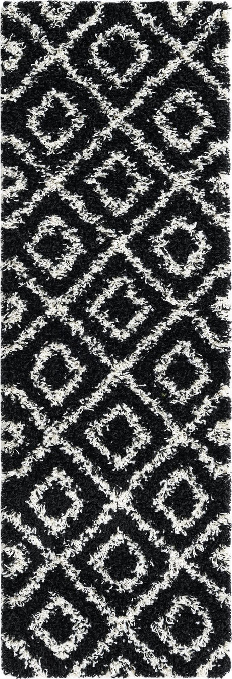 Black and White 2' x 6' Trellis Shag Runner Area Rug Thick Soft Touch Fluffy & Plush Shaggy Pile