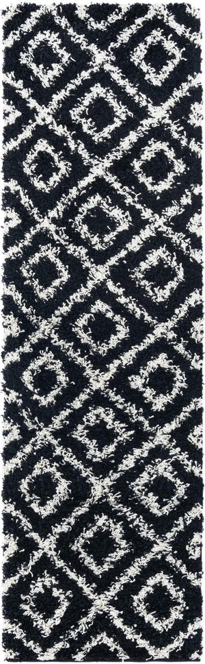 Black and White 2' x 7' Trellis Shag Runner Area Rug Thick Soft Touch Fluffy & Plush Shaggy Pile