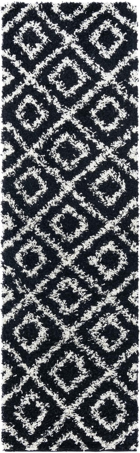 Black and White 2' x 7' Trellis Shag Runner Area Rug Thick Soft Touch Fluffy & Plush Shaggy Pile