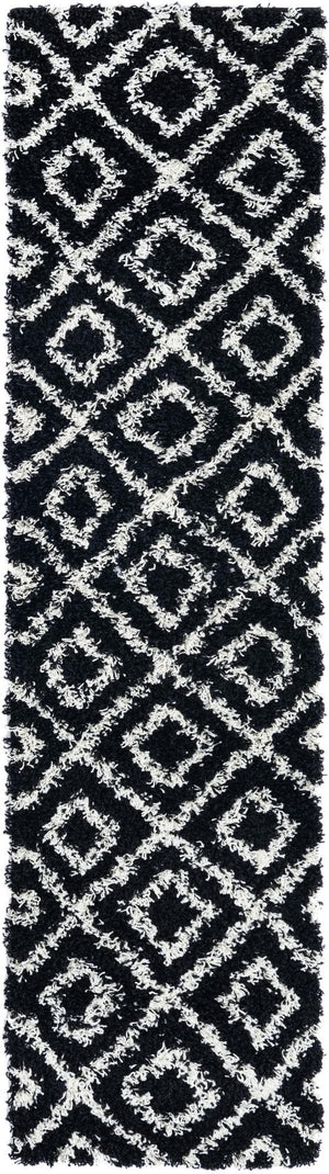 Black and White 2' x 8' Trellis Shag Runner Area Rug Thick Soft Touch Fluffy & Plush Shaggy Pile