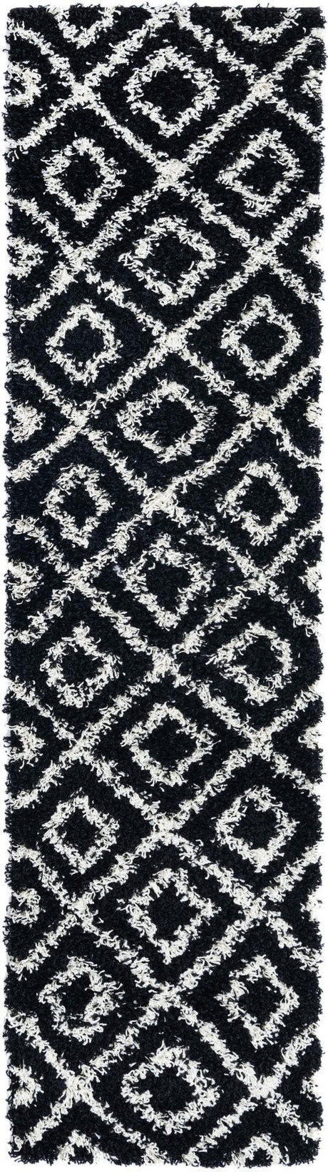Black and White 2' x 8' Trellis Shag Runner Area Rug Thick Soft Touch Fluffy & Plush Shaggy Pile