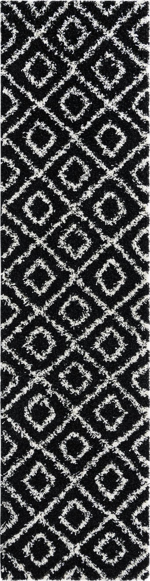 Black and White 2' 7 x 10' Trellis Shag Runner Area Rug Thick Soft Touch Fluffy & Plush Shaggy Pile