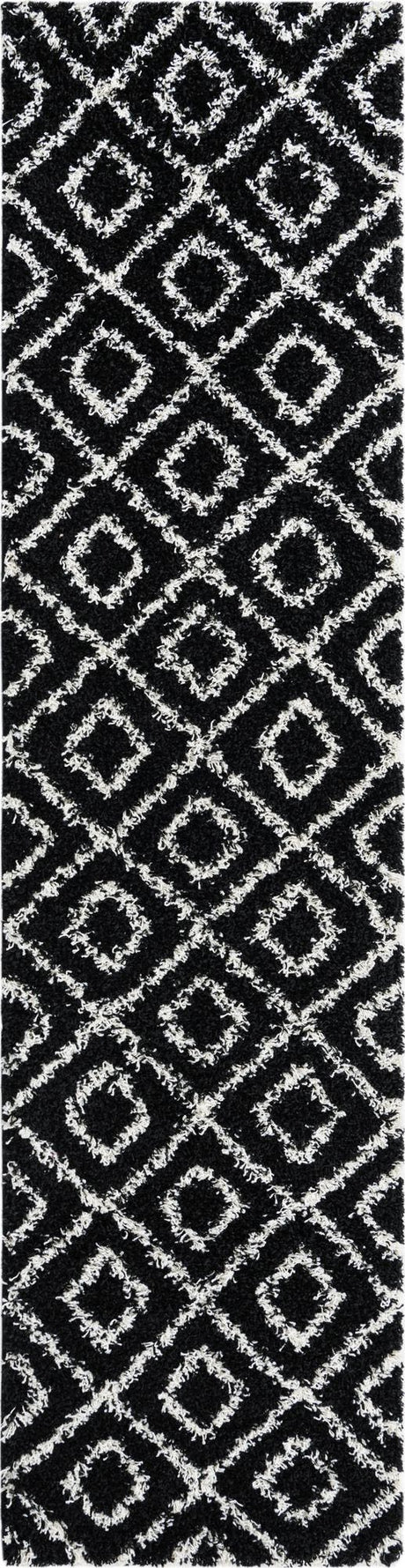 Black and White 2' 7 x 10' Trellis Shag Runner Area Rug Thick Soft Touch Fluffy & Plush Shaggy Pile