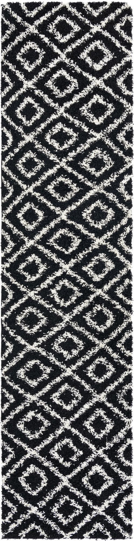 Black and White 2' 7 x 12' Trellis Shag Runner Area Rug Thick Soft Touch Fluffy & Plush Shaggy Pile