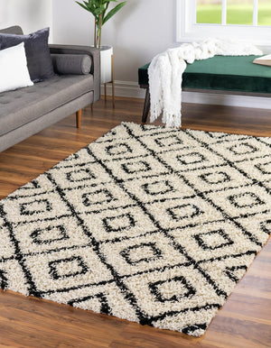 White and Black 5' 3 x 8' Trellis Shag Rectangle Area Rug Thick Soft Touch Fluffy & Plush Shaggy Pile