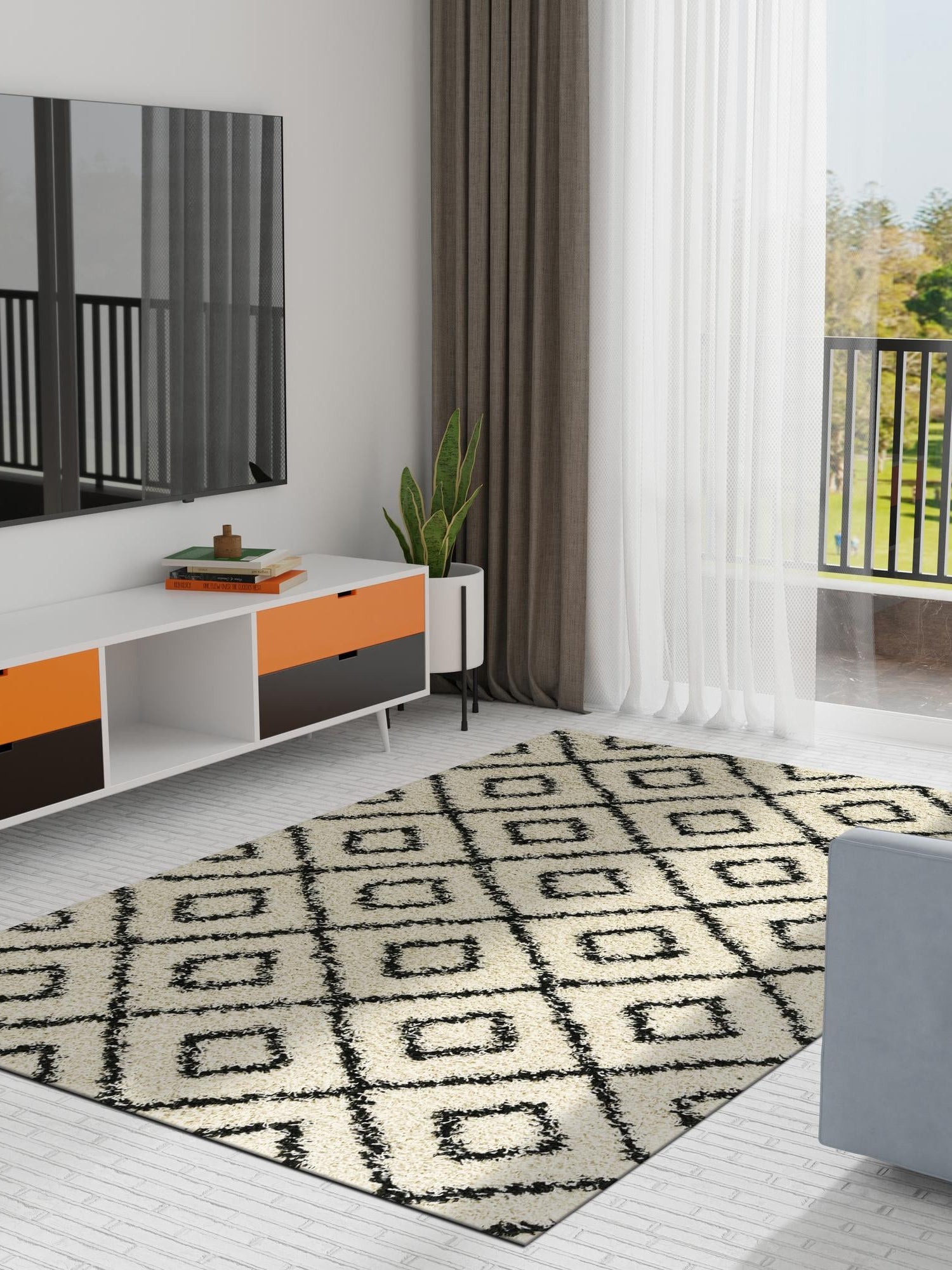 White and Black 5' 3 x 8' Trellis Shag Rectangle Area Rug Thick Soft Touch Fluffy & Plush Shaggy Pile Geometric Modern Unique Carpet for Home Interior Design for Sale at Rug Engine