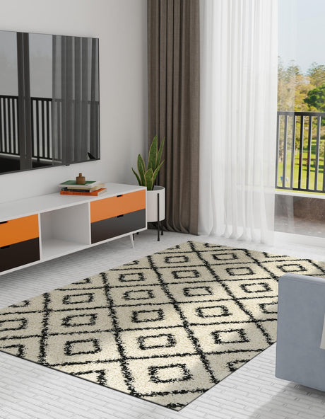 White and Black 5' 3 x 8' Trellis Shag Rectangle Area Rug Thick Soft Touch Fluffy & Plush Shaggy Pile