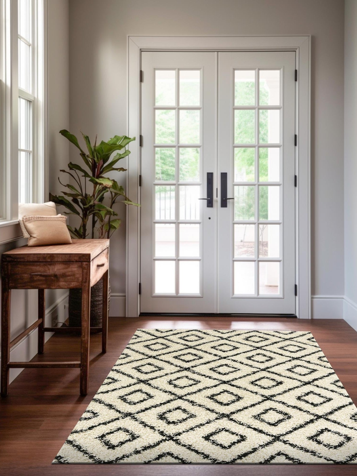 White and Black 5' 3 x 8' Trellis Shag Rectangle Area Rug Thick Soft Touch Fluffy & Plush Shaggy Pile Geometric Modern Unique Carpet for Home Interior Design for Sale at Rug Engine