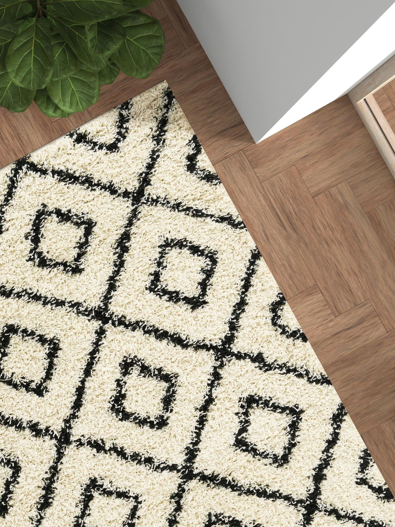 White and Black 5' 3 x 8' Trellis Shag Rectangle Area Rug Thick Soft Touch Fluffy & Plush Shaggy Pile Geometric Modern Unique Carpet for Home Interior Design for Sale at Rug Engine