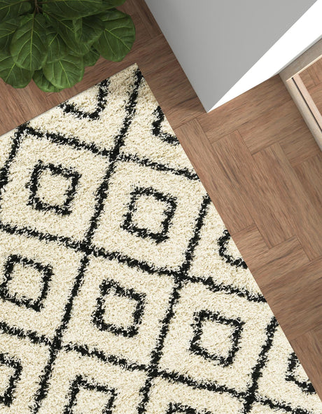 White and Black 10' 8 x 14' Trellis Shag Rectangle Area Rug Thick Soft Touch Fluffy & Plush Shaggy Pile Geometric Modern Unique Carpet for Home Interior Design for Sale at Rug Engine