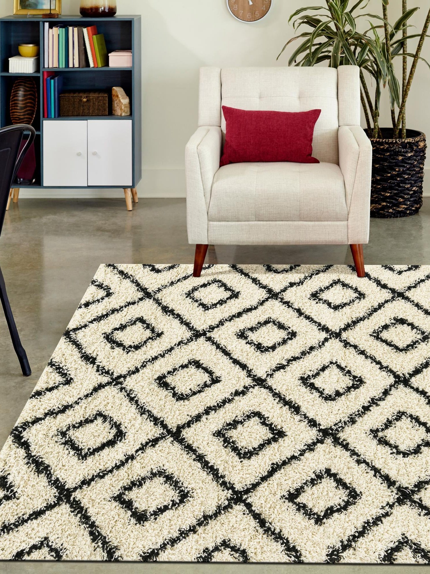 White and Black 5' 3 x 8' Trellis Shag Rectangle Area Rug Thick Soft Touch Fluffy & Plush Shaggy Pile Geometric Modern Unique Carpet for Home Interior Design for Sale at Rug Engine
