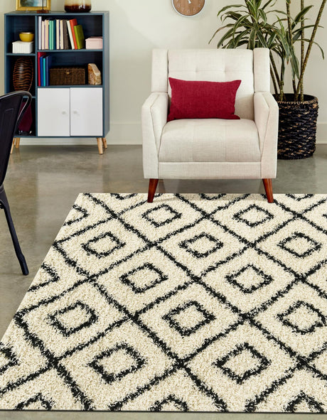 White and Black 5' 3 x 8' Trellis Shag Rectangle Area Rug Thick Soft Touch Fluffy & Plush Shaggy Pile Geometric Modern Unique Carpet for Home Interior Design for Sale at Rug Engine