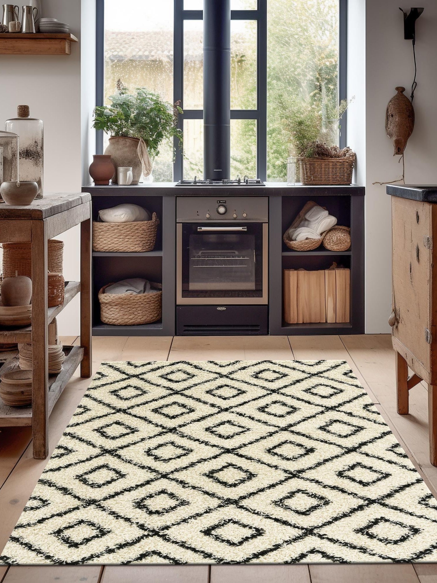 White and Black 5' 3 x 8' Trellis Shag Rectangle Area Rug Thick Soft Touch Fluffy & Plush Shaggy Pile Geometric Modern Unique Carpet for Home Interior Design for Sale at Rug Engine