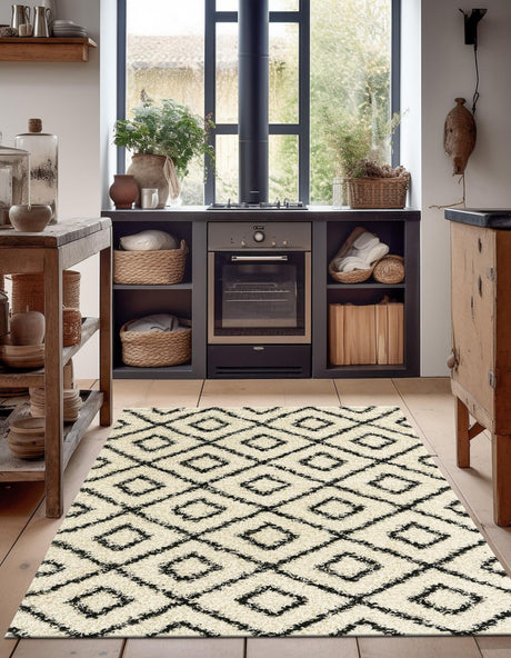 White and Black 5' 3 x 8' Trellis Shag Rectangle Area Rug Thick Soft Touch Fluffy & Plush Shaggy Pile Geometric Modern Unique Carpet for Home Interior Design for Sale at Rug Engine