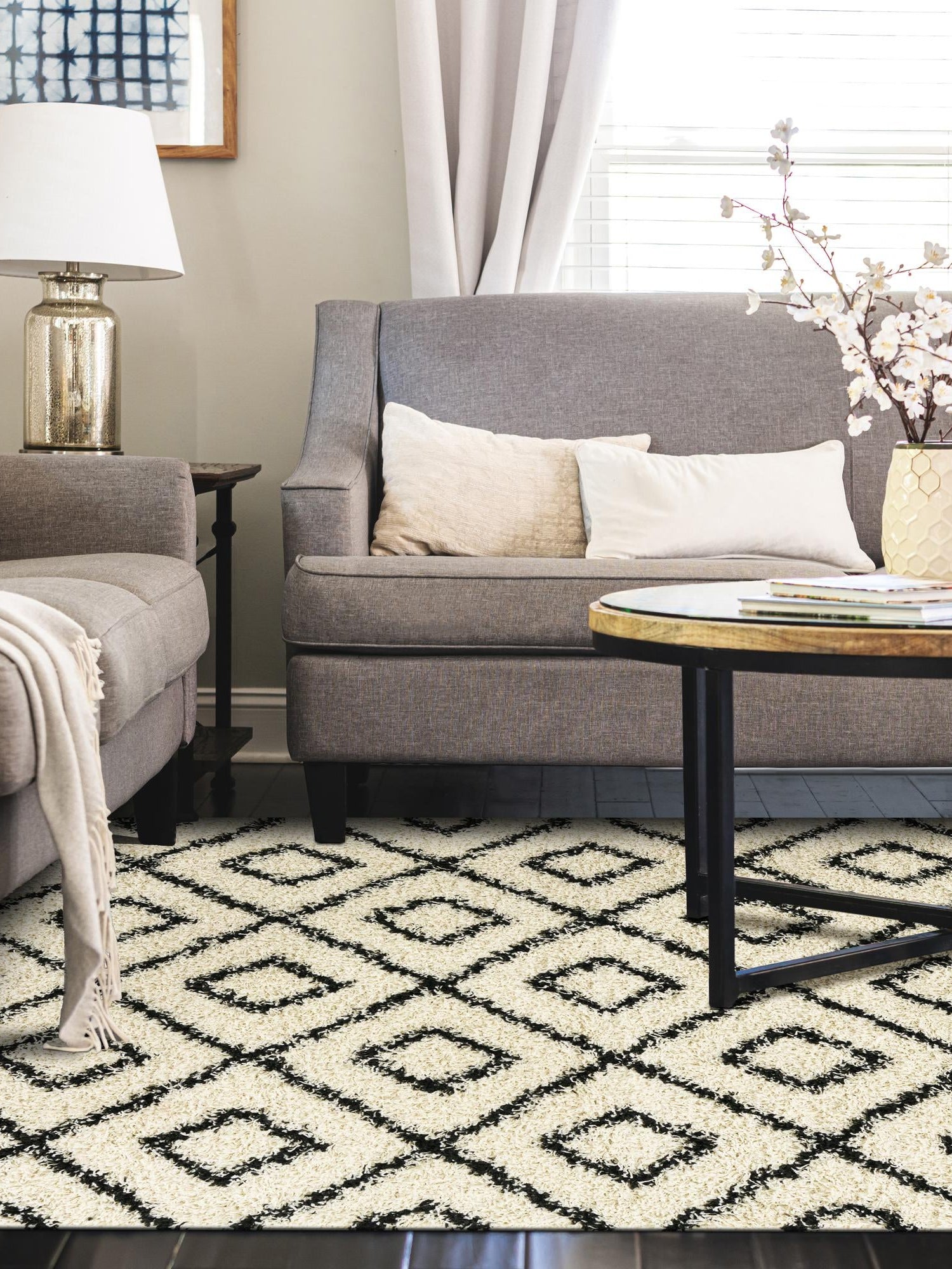 White and Black 4' x 6' Trellis Shag Rectangle Area Rug Thick Soft Touch Fluffy & Plush Shaggy Pile Geometric Modern Unique Carpet for Home Interior Design for Sale at Rug Engine