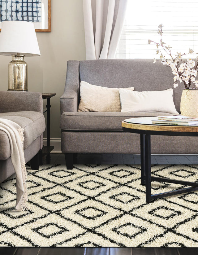 White and Black 4' x 6' Trellis Shag Rectangle Area Rug Thick Soft Touch Fluffy & Plush Shaggy Pile