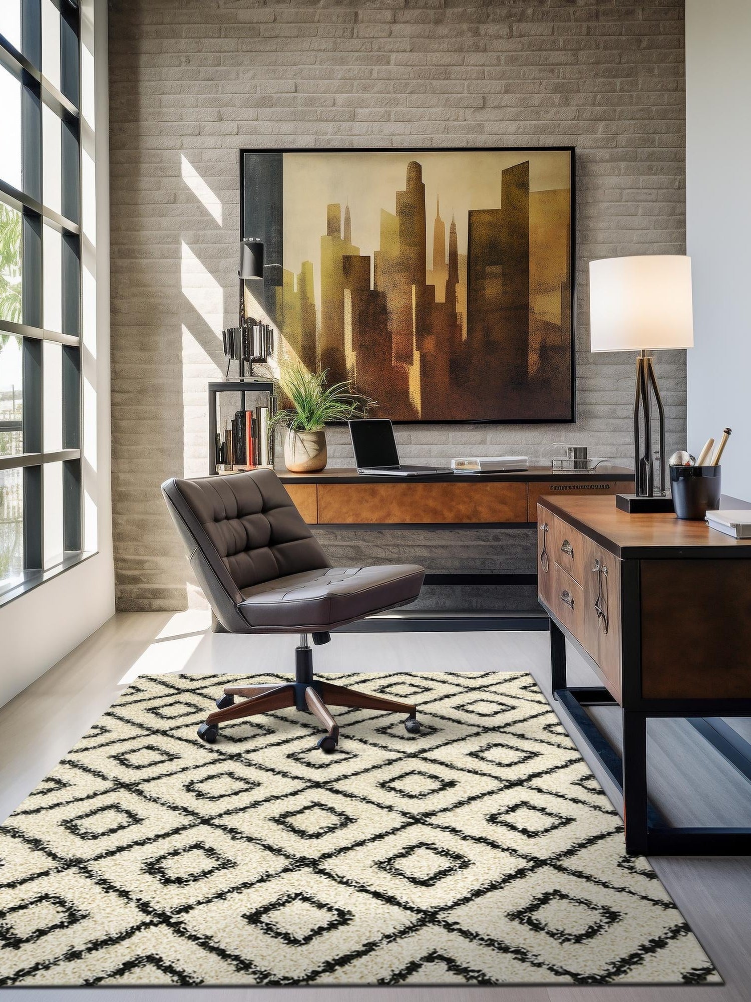 White and Black 4' x 6' Trellis Shag Rectangle Area Rug Thick Soft Touch Fluffy & Plush Shaggy Pile Geometric Modern Unique Carpet for Home Interior Design for Sale at Rug Engine