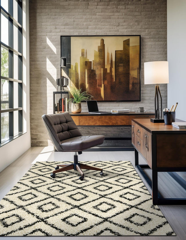 White and Black 4' x 6' Trellis Shag Rectangle Area Rug Thick Soft Touch Fluffy & Plush Shaggy Pile