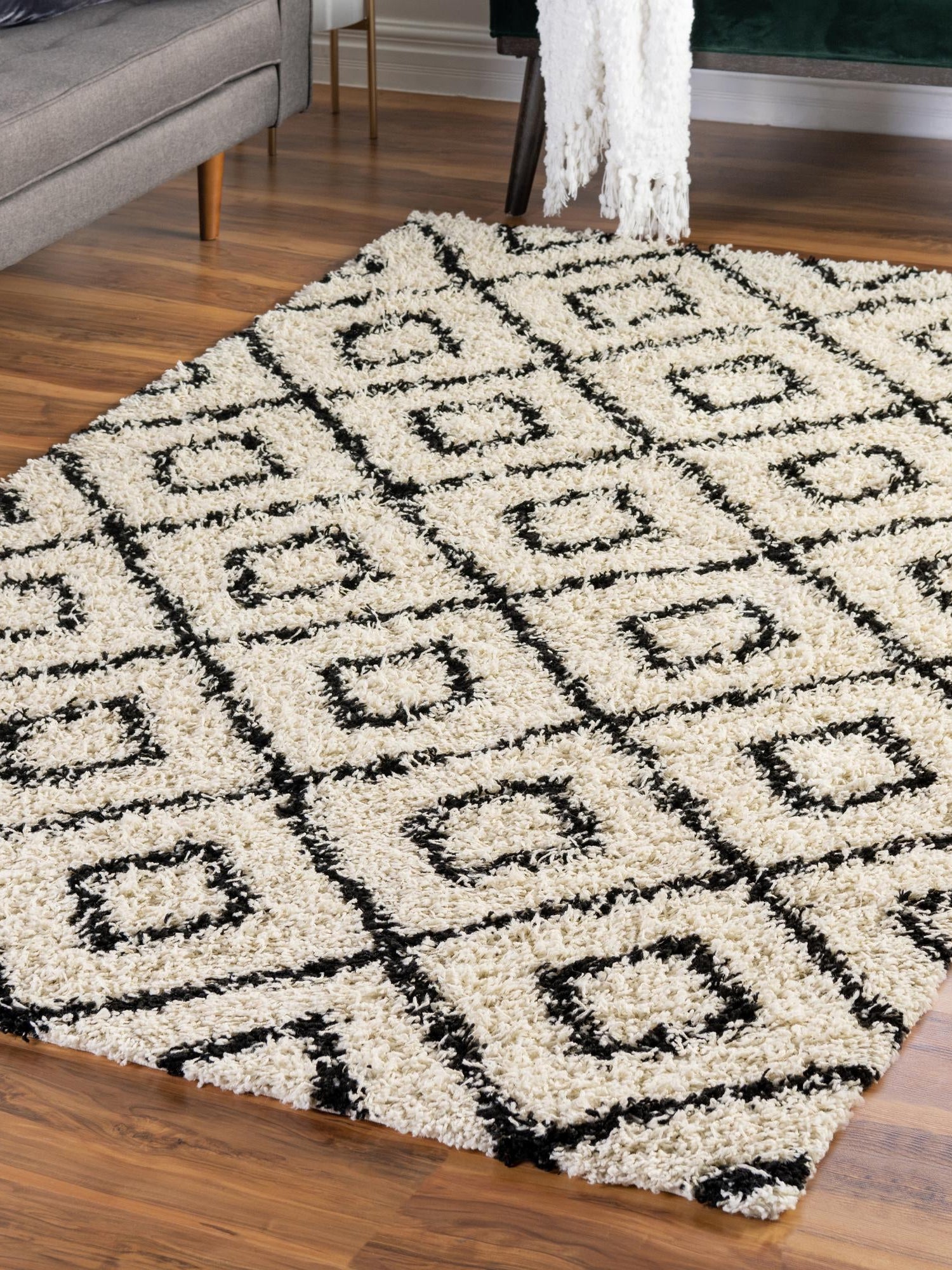 White and Black 4' x 6' Trellis Shag Rectangle Area Rug Thick Soft Touch Fluffy & Plush Shaggy Pile Geometric Modern Unique Carpet for Home Interior Design for Sale at Rug Engine