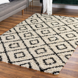 White and Black 4' x 6' Trellis Shag Rectangle Area Rug Thick Soft Touch Fluffy & Plush Shaggy Pile