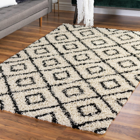 White and Black 4' x 6' Trellis Shag Rectangle Area Rug Thick Soft Touch Fluffy & Plush Shaggy Pile Geometric Modern Unique Carpet for Home Interior Design for Sale at Rug Engine